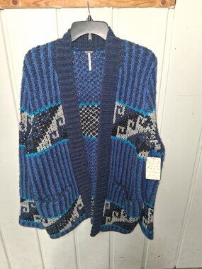 Free People Time and Again Blue Geometric Wool Blend Open Front Cardigan NWT M